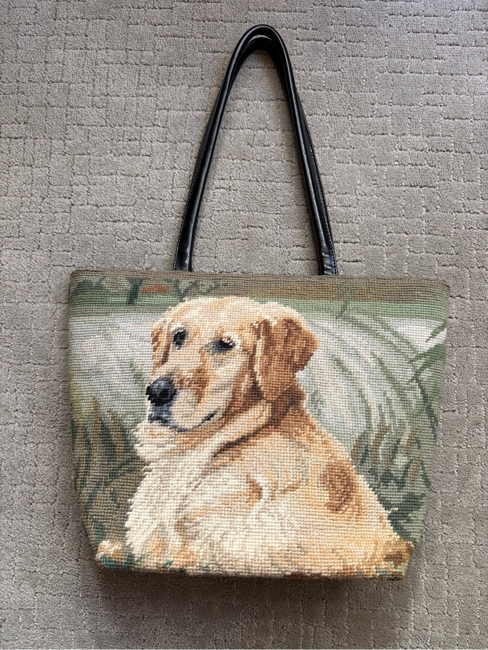 Vintage Kompany Wool Needlepoint Black Leather Golden Retriever Tote Bag